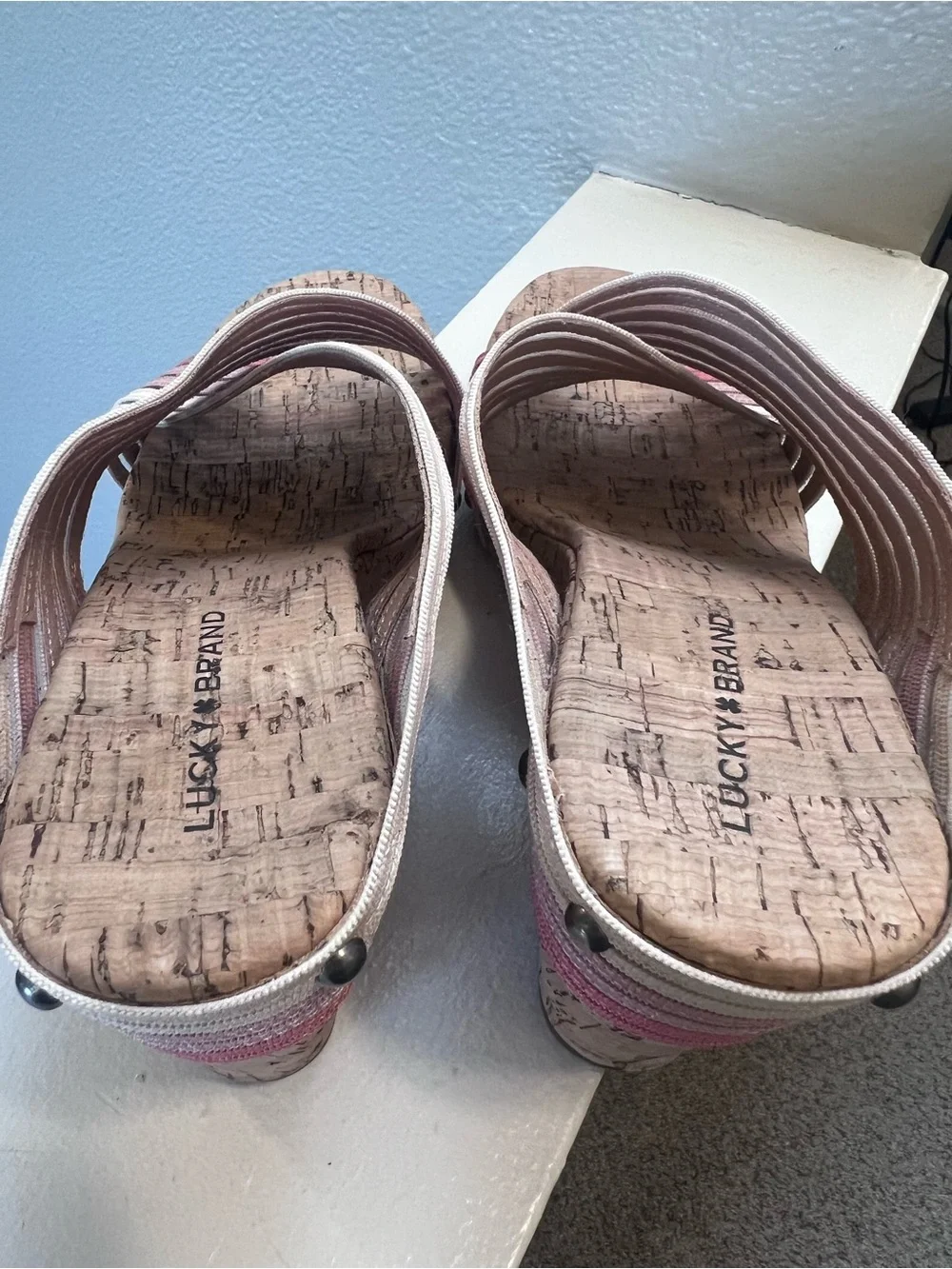Lucky Brand Pink Ombré Cork Wedge Sandals Crisscross Wedge Size 9
